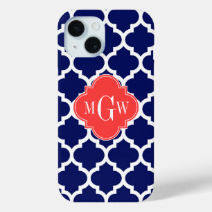 Navy Wht Moroccan #5 Coral Red 3 Initial Monogram iPhone 15 Case