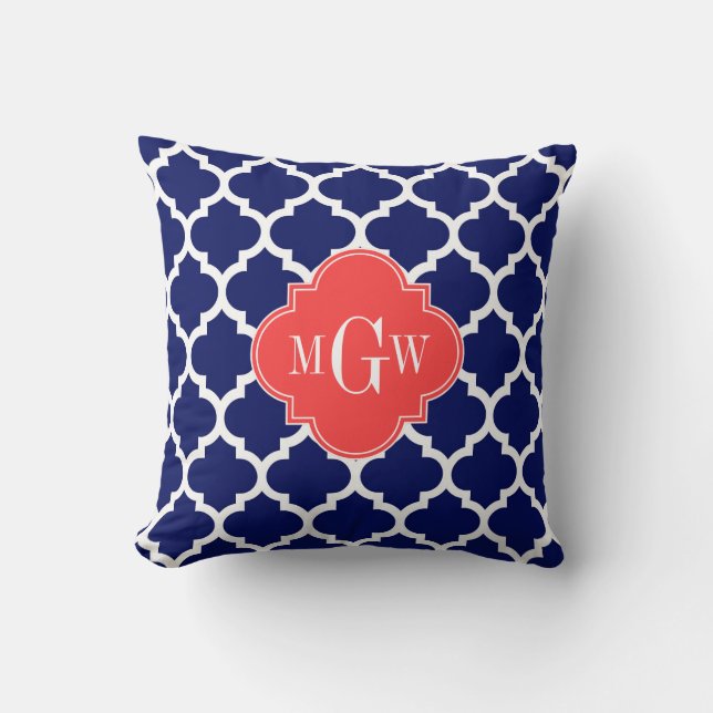 Navy Wht Moroccan #5 Coral Red 3 Initial Monogram Cushion (Front)