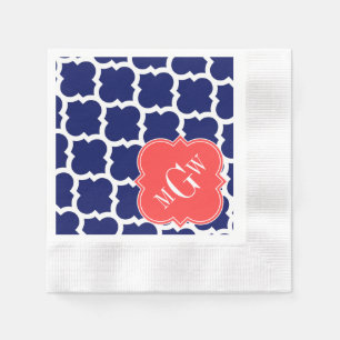 Navy Wht Moroccan #5 Coral Red 3 Initial Monogram Napkin