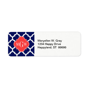 Navy Wht Moroccan #5 Coral Red 3 Initial Monogram Return Address Label
