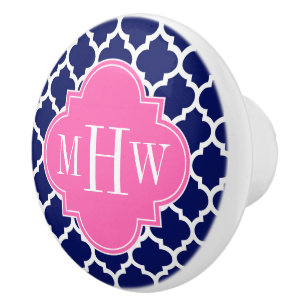 Navy Wht Moroccan #5 Hot Pink2 3 Initial Monogram Ceramic Knob