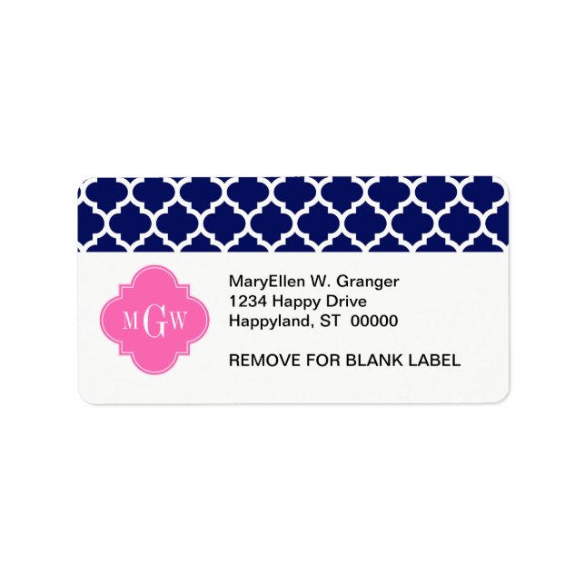 Navy Wht Moroccan #5 Hot Pink2 3 Initial Monogram Label (Front)