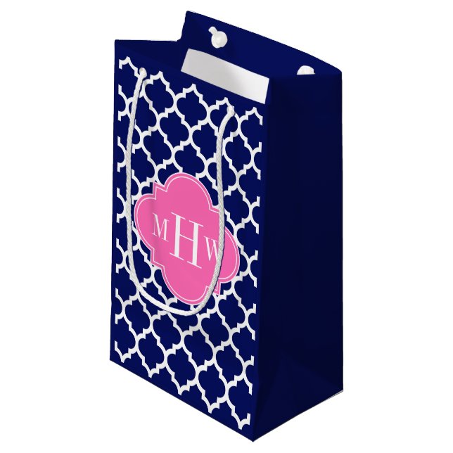 Navy Wht Moroccan #5 Hot Pink2 3 Initial Monogram Small Gift Bag (Front Angled)