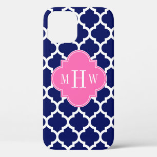 Navy Wht Moroccan #5 Hot Pink 3 Initial Monogram iPhone 12 Pro Case