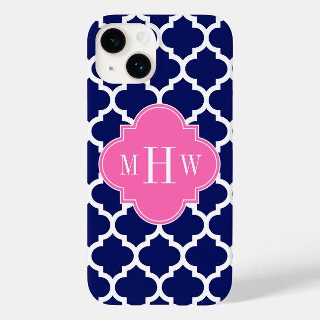 Navy Wht Moroccan #5 Hot Pink 3 Initial Monogram Case-Mate iPhone Case (Back)