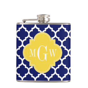 Navy Wht Moroccan #5 Pineapple 3 Initial Monogram Hip Flask
