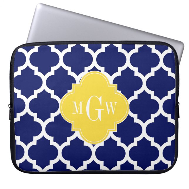 Navy Wht Moroccan #5 Pineapple 3 Initial Monogram Laptop Sleeve (Front)
