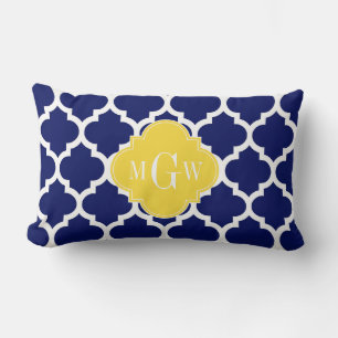 Navy Wht Moroccan #5 Pineapple 3 Initial Monogram Lumbar Cushion