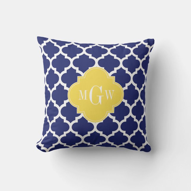Navy Wht Moroccan #5 Pineapple 3 Initial Monogram Outdoor Cushion (Front)