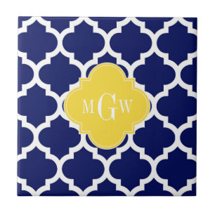 Navy Wht Moroccan #5 Pineapple 3 Initial Monogram Tile