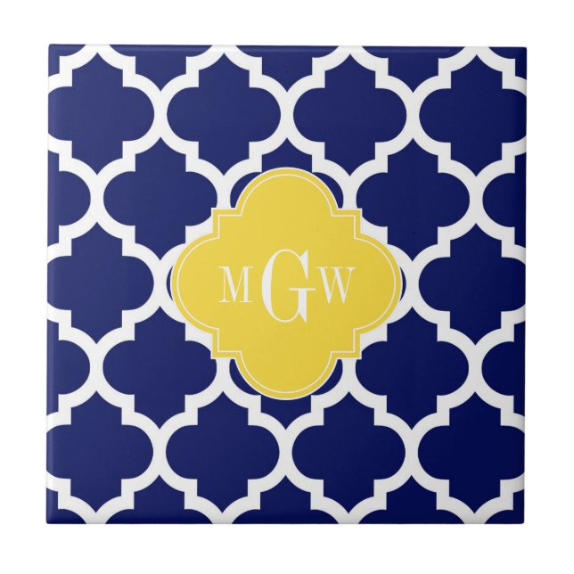 Navy Wht Moroccan #5 Pineapple 3 Initial Monogram Tile (Front)