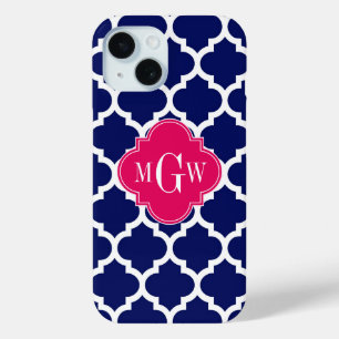 Navy Wht Moroccan #5 Raspberry 3 Initial Monogram iPhone 15 Case