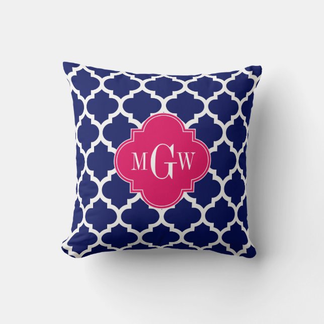 Navy Wht Moroccan #5 Raspberry 3 Initial Monogram Cushion (Front)