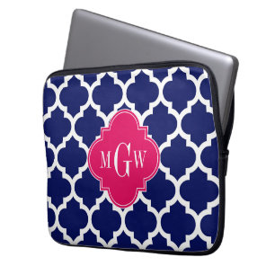 Navy Wht Moroccan #5 Raspberry 3 Initial Monogram Laptop Sleeve