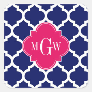 Navy Wht Moroccan #5 Raspberry 3 Initial Monogram Square Sticker
