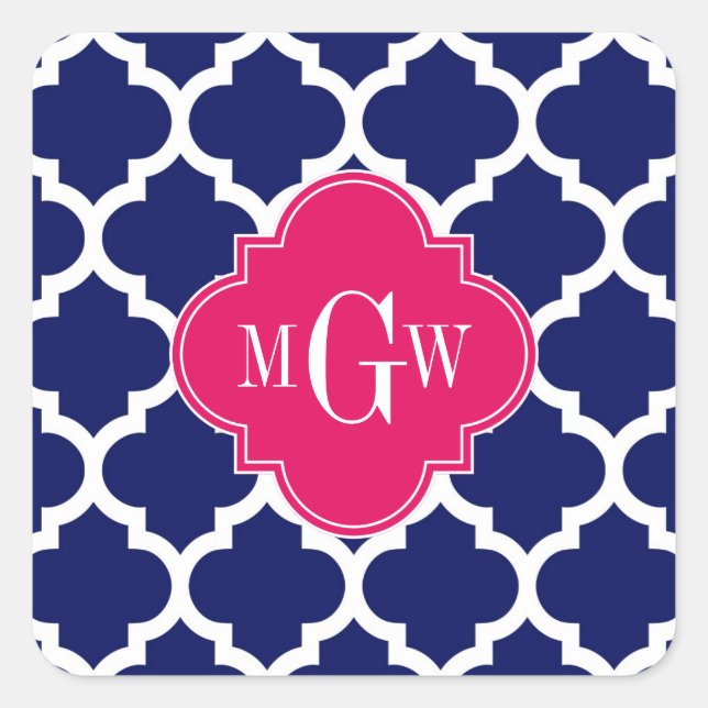 Navy Wht Moroccan #5 Raspberry 3 Initial Monogram Square Sticker (Front)