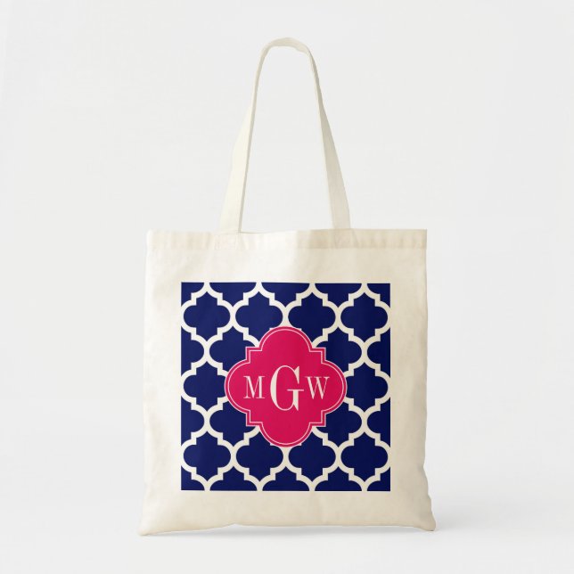 Navy Wht Moroccan #5 Raspberry 3 Initial Monogram Tote Bag (Front)