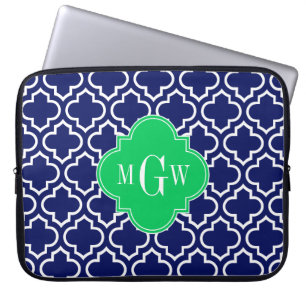 Navy Wht Moroccan #6 Emerald 3 Initial Monogram Laptop Sleeve