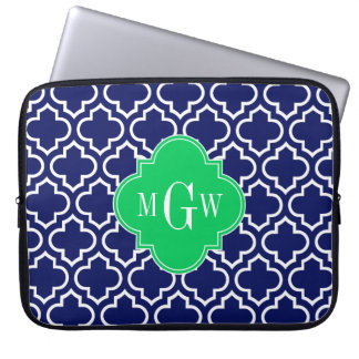 Navy Wht Moroccan #6 Emerald 3 Initial Monogram Laptop Sleeve