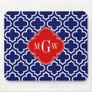 Navy Wht Moroccan #6 Red 3 Initial Monogram Mouse Pad