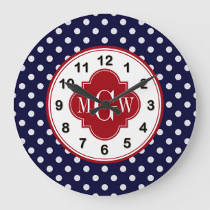 Navy Wht Polka Dot Cranberry Quatrefoil 3 Monogram Large Clock