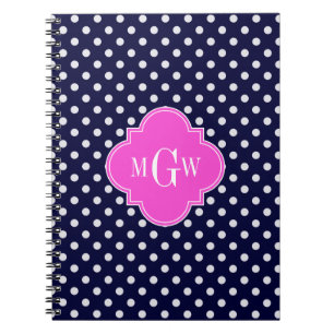 Navy Wht Polka Dot Hot Pink Quatrefoil 3 Monogram Notebook