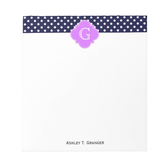 Navy Wht Polka Dot Lilac Quatrefoil Monogram Notepad (Front)