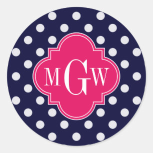 Navy Wht Polka Dot Raspberry Quatrefoil 3 Monogram Classic Round Sticker