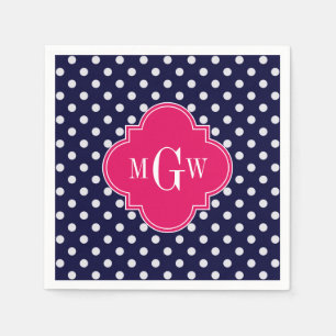 Navy Wht Polka Dot Raspberry Quatrefoil 3 Monogram Napkin