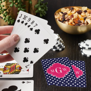 Navy Wht Polka Dot Raspberry Quatrefoil 3 Monogram Playing Cards