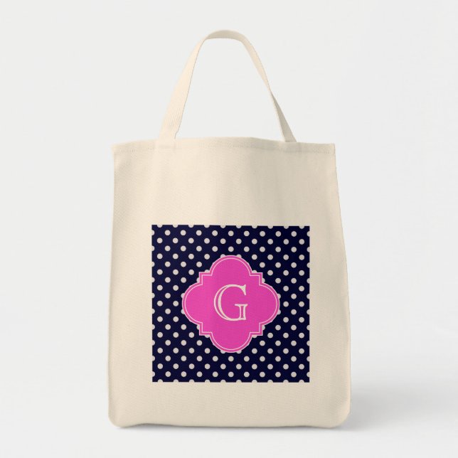 Navy Wht Polka Dots Hot Pink Quatrefoil Monogram Tote Bag (Front)