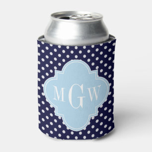 Navy Wht Polka Dots Lt Blue Quatrefoil 3 Monogram Can Cooler