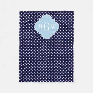 Navy Wht Polka Dots Lt Blue Quatrefoil 3 Monogram Fleece Blanket