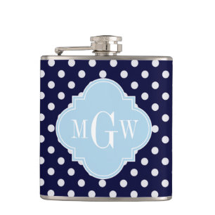 Navy Wht Polka Dots Lt Blue Quatrefoil 3 Monogram Hip Flask