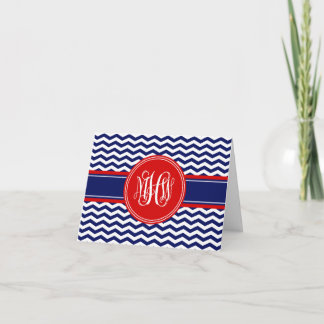 Navy Wht Red Thin Chevron 3I Vine Script Monogram Note Card