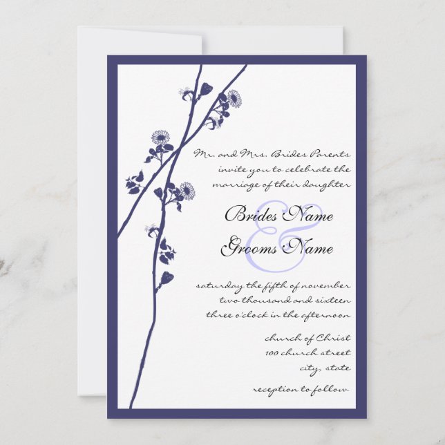 Navy Wild Flower Branches Wedding Invitation (Back)