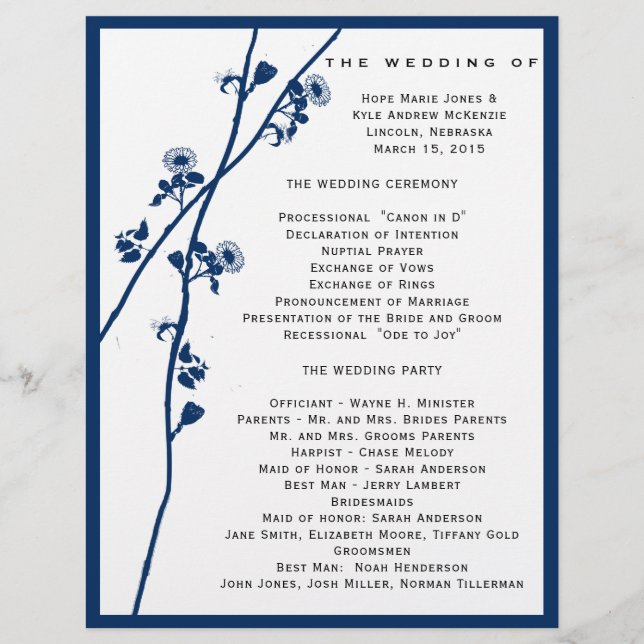 Navy Wild Flower Branches Wedding Program- (Front)