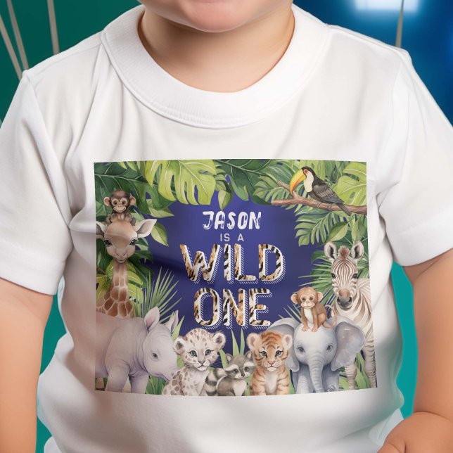 Navy Wild one, Jungle Safari Animals, Baby boy 1st Baby T-Shirt (Wild One, Navy Blue, Boy 1st birthday T-shirt)