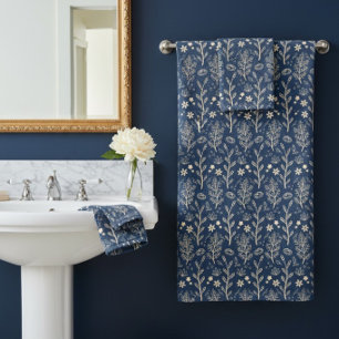 Navy Wildflower Folk Modern Boho Bath Towel Set