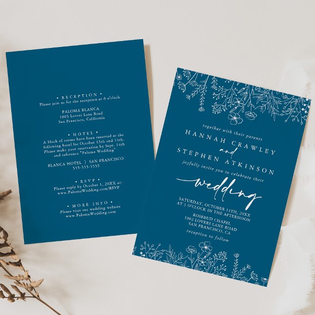 Navy Wildflower Front & Back Wedding  Invitation (Creator Uploaded)