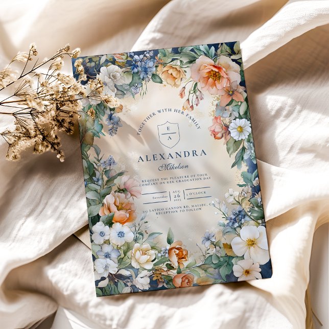 Navy Wildflower Meadow Garden Graduation  Invitation (Creator Uploaded)