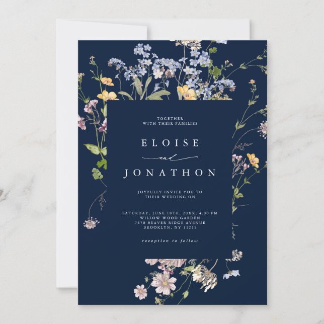 Navy Wildflower Meadow Garden QR Code Wedding   Invitation (Front)