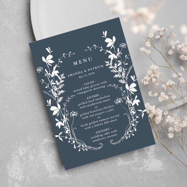Navy Wildflower Silhouette Wreath Wedding  Menu (Creator Uploaded)