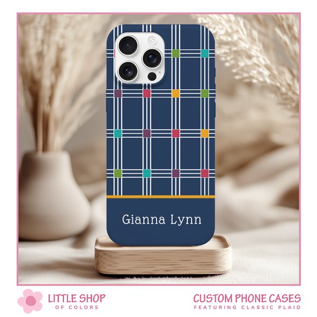 Navy Windowpane Plaid Monogram iPhone 15 Case (Creator Uploaded)