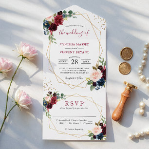 Navy Wine Red Floral Geo Wedding (no ENV needed) All In One Invitation