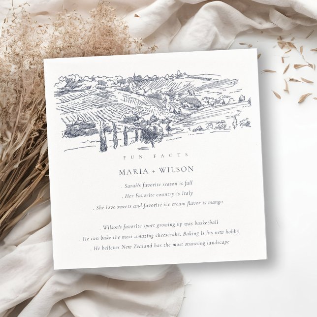 Navy Winery Mountain Sketch Wedding Fun Facts Napkin (Creator Uploaded)