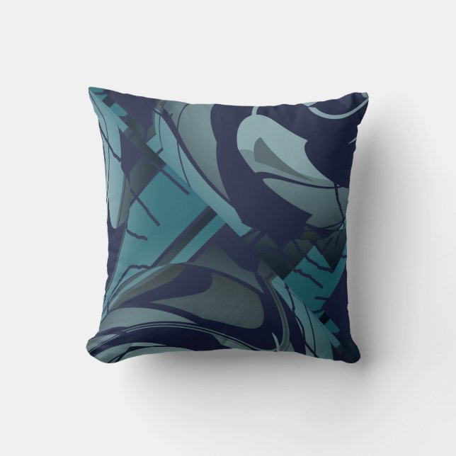 Navy with Light & Dark Teal Grey Lush Leaves Motif Cushion (Front)