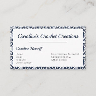 Navy With White Crochet Lace Pattern Business Card