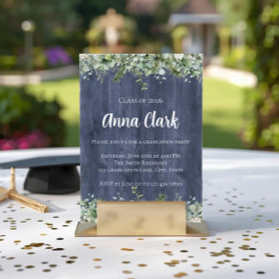 Navy Wood Eucalyptus Graduation Invitation