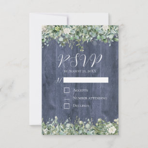 Navy Wood Eucalyptus Wedding RSVP Card Rustic